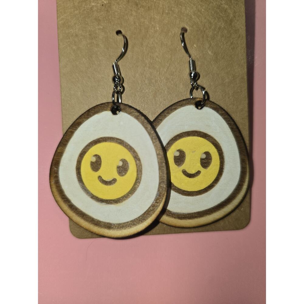 Wooden Engraved Laser Cut Earrings Eggs Fun Funny Cute - Picture 2 of 3